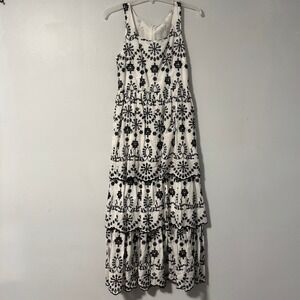 ELIE TAHARI Maxi Dress White Black Embroidered Eyelet Tiered Sun Dress US‎ 8